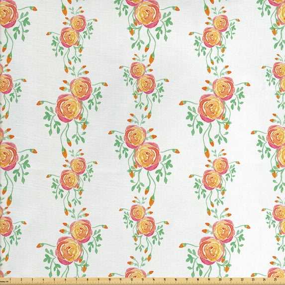 Floral Fabric by the Yard, Vertical Art of Flowers with Leaves Budding, Decorative Upholstery Fabric for Chairs & Home Accents, Orange Green by Ambesonne