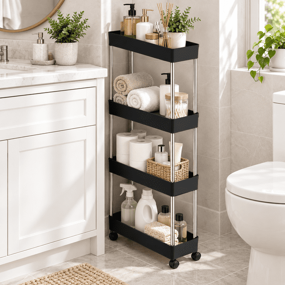 4-Tier Slim Rolling Storage Cart, Mobile Utility Organizer for Kitchen, Bathroom, Laundry Room and Dorm
