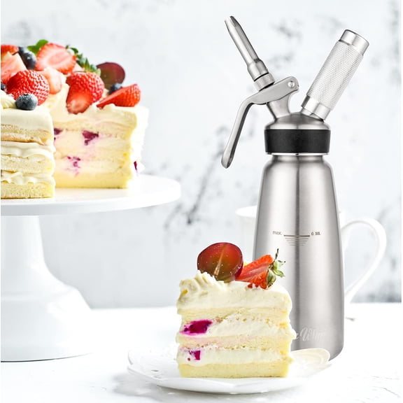 Professional Whipped Cream Dispenser Stainless Steel 304- Highly  Cream Whipper 1 Pint (500 ml) with 4 Tips and Brush, ZERO-LEAK Whipping Siphon Canister, Gourmet cream Maker (SS-S)