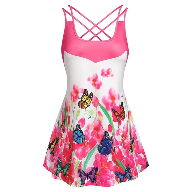 Tallas de flores de mariposa de talla grande Top sin mangas fluido Rosegal Camisetas sin mangas de talla grande