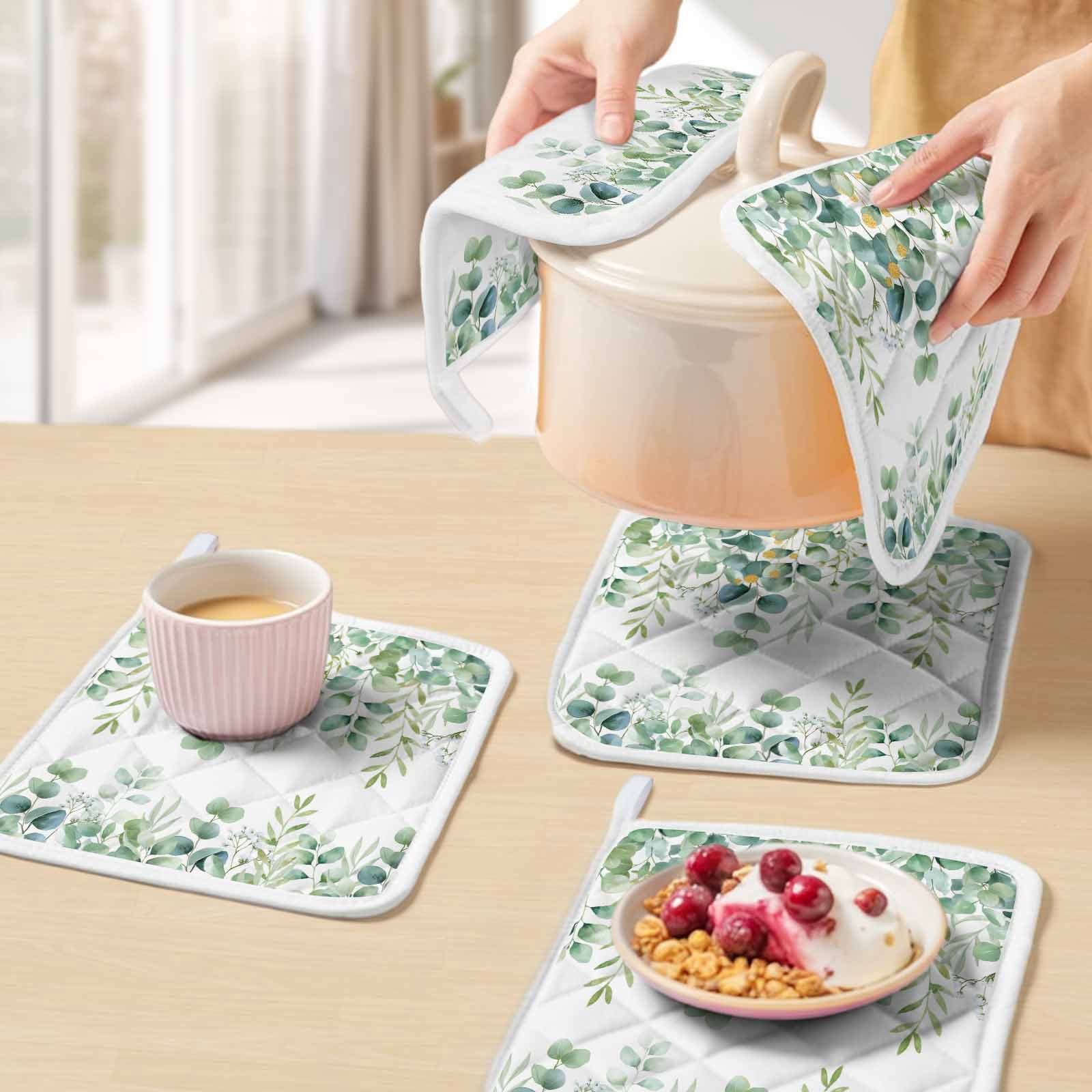 Sage Green Eucalyptus Leaves Pot Holders for Kitchen Heatproof Potholder, 4 Pack Spring Summer Botanical Hot Pads Multipurpose Oven Pads Cloth Potholders Trivet for Cooking and Baking