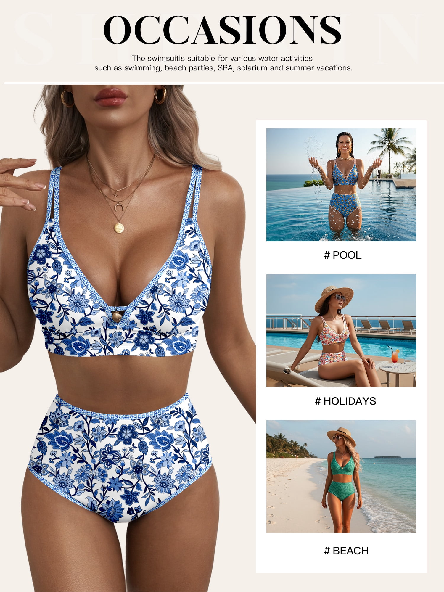 SHEWIN Womens Swimsuits Sets Bikinis Sets 2 Piece Tummy Control Bathing Suits High Waisted Swimwear Floral Swimming Suits Push Up Beach Vacation Outfits Blue Floral XL