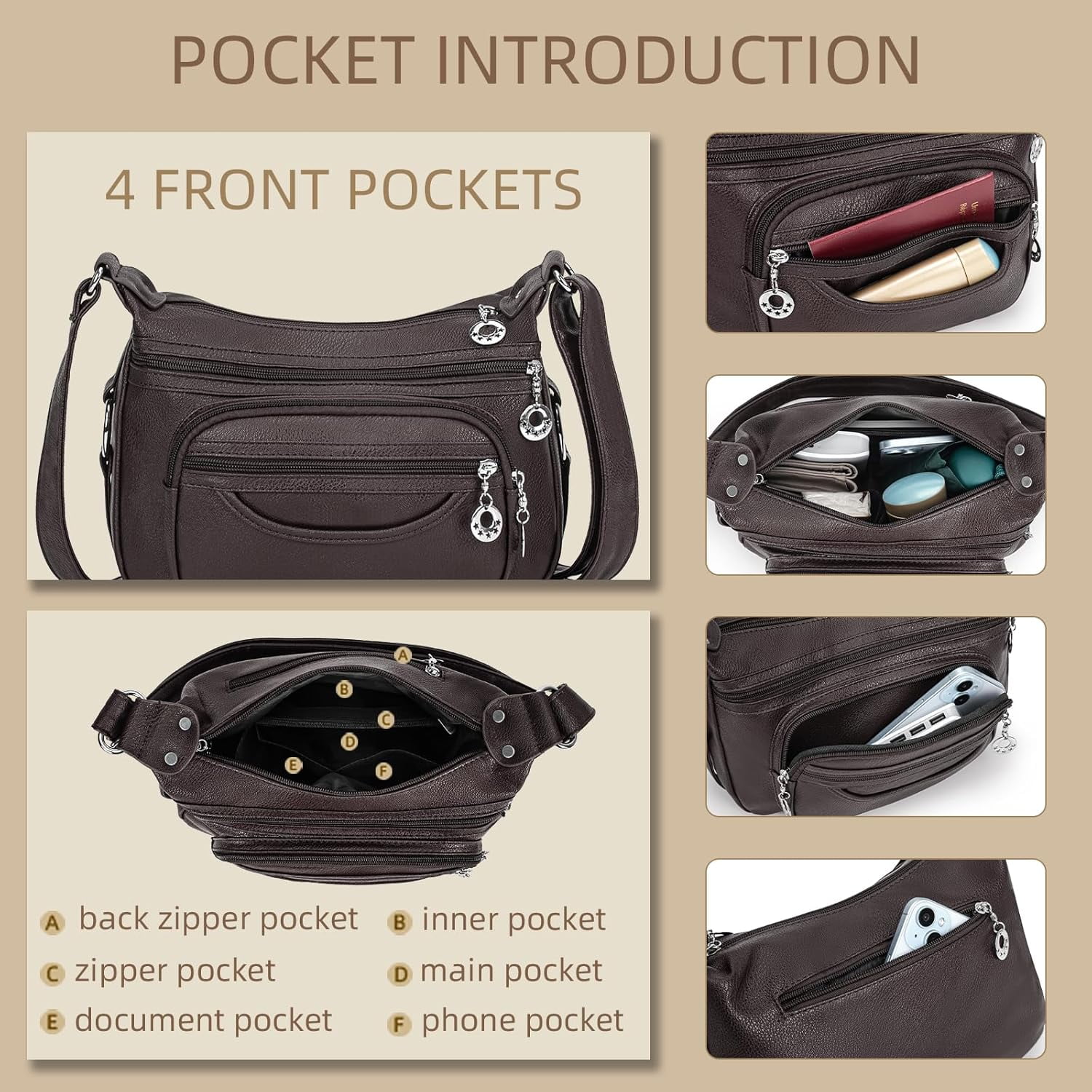 Crossbody Bag for Women Multi Pocket PU Leather Shoulder Handbag Large Capacity Lightweight Purse for Daily Use