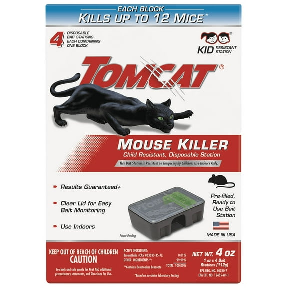 Tomcat Mouse Killer Child Resistant, Disposable Station, 4 Pre-Filled Ready-To-Use Bait Stations