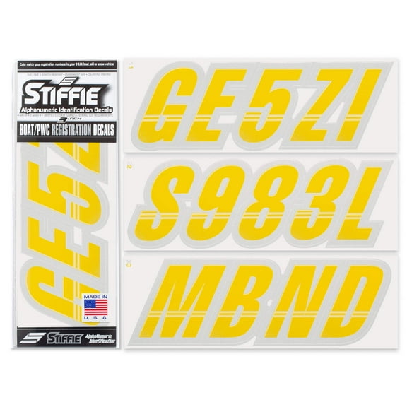 STIFFIE Techtron Yellow/Silver 3" Alpha-Numeric Identification Custom Kit Registration Numbers & Letters Marine Stickers Decals for Boats & Personal Watercraft PWC