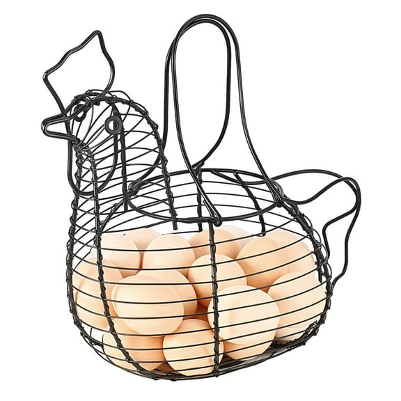 Chicken Egg Basket, Egg Storage Holder with Handle for Eggs, Fruits, Vegetables, Metal Wire Mesh Chicken Decor for Kitchen Table Countertop, Farmhouse Rustic Style, Black