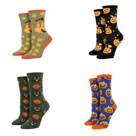 

4 Pairs Halloween Novelty Crew Socks Pumpkins Ghost Witch Funny Colorful Socks for Women Men
