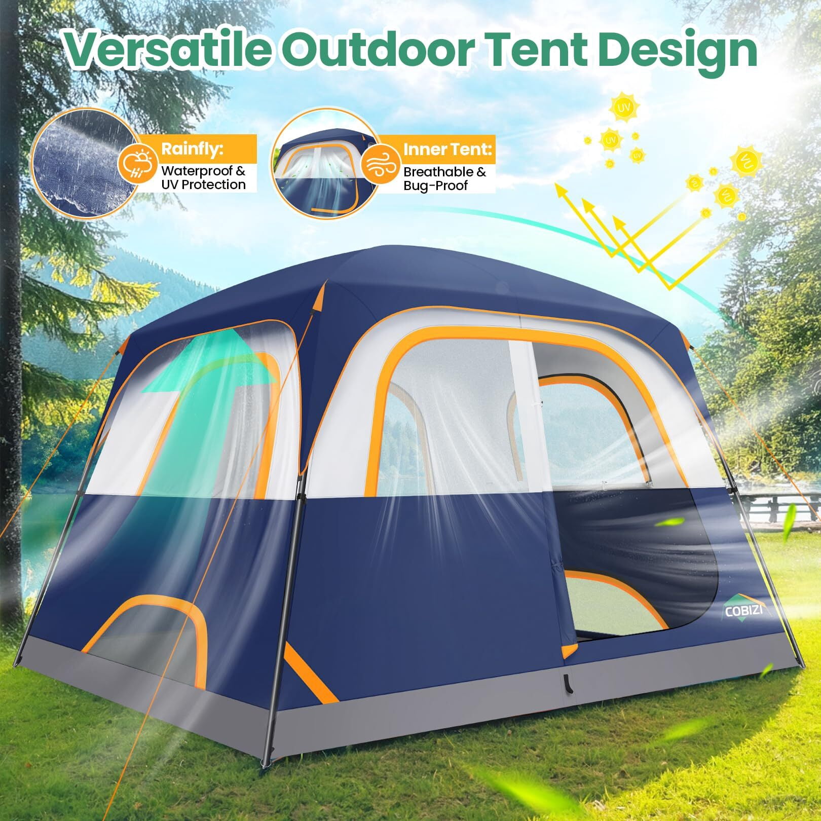 COBIZI Tents for Camping 4/6 Person Camping Tent with Rainfly and Screen, Easy Setup Lightweight Portable Waterproof Outdoor Tent with Carry Bag for Backpacking, Hiking, Family Travel