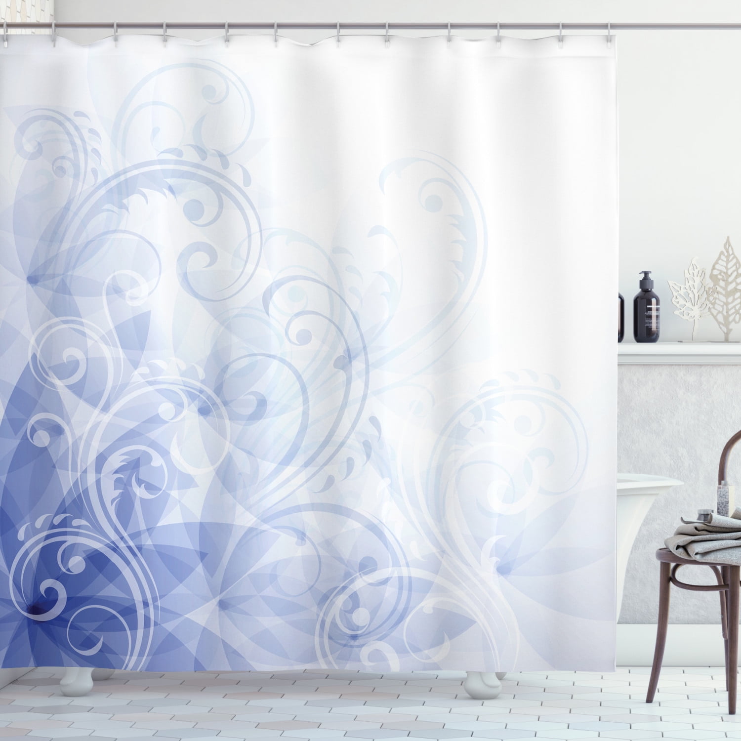 Light Blue Shower Curtain, Abstract Curled Leaves Artistic Elegant