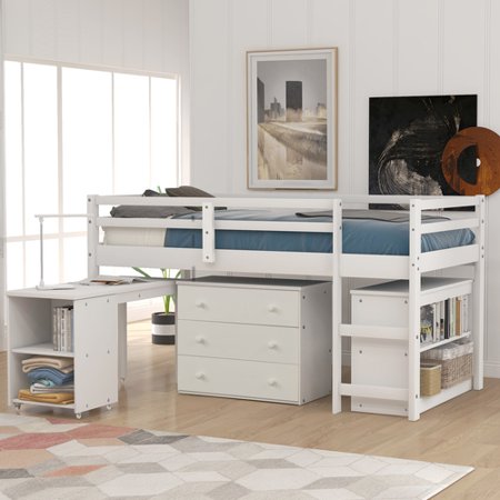 JINS & VICO Low Loft Bed with Rolling Portable Desk  Twin Size Solid Wood Loft Bed Frame with Drawers  Ladder  Guardrail and Storage Shelves  Space Saving Bed Frame for Kids Adults Bedroom  White