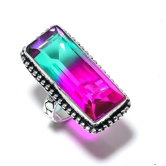 Natural Bi-Color Tourmaline Gemstone 925 Sterling Silver Ring Size 9