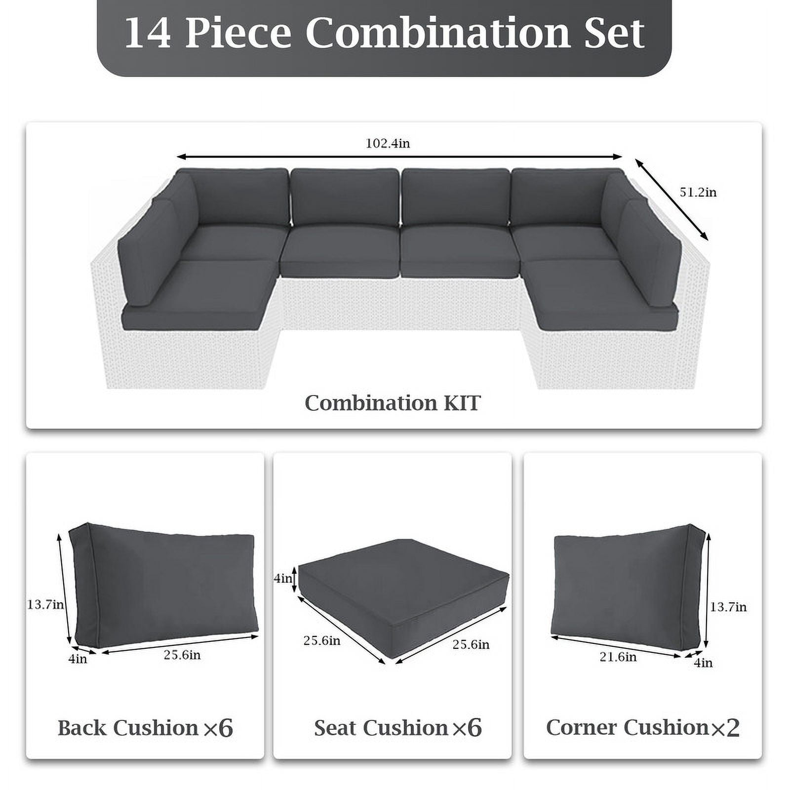Outdoor Cushions for Patio Furniture Replacement, 4" Foam High-Density, 14-Piece Water-Resistant Outdoor Cushion for 6-Seat Sectional Patio Conversation Sets（Dark gray）
