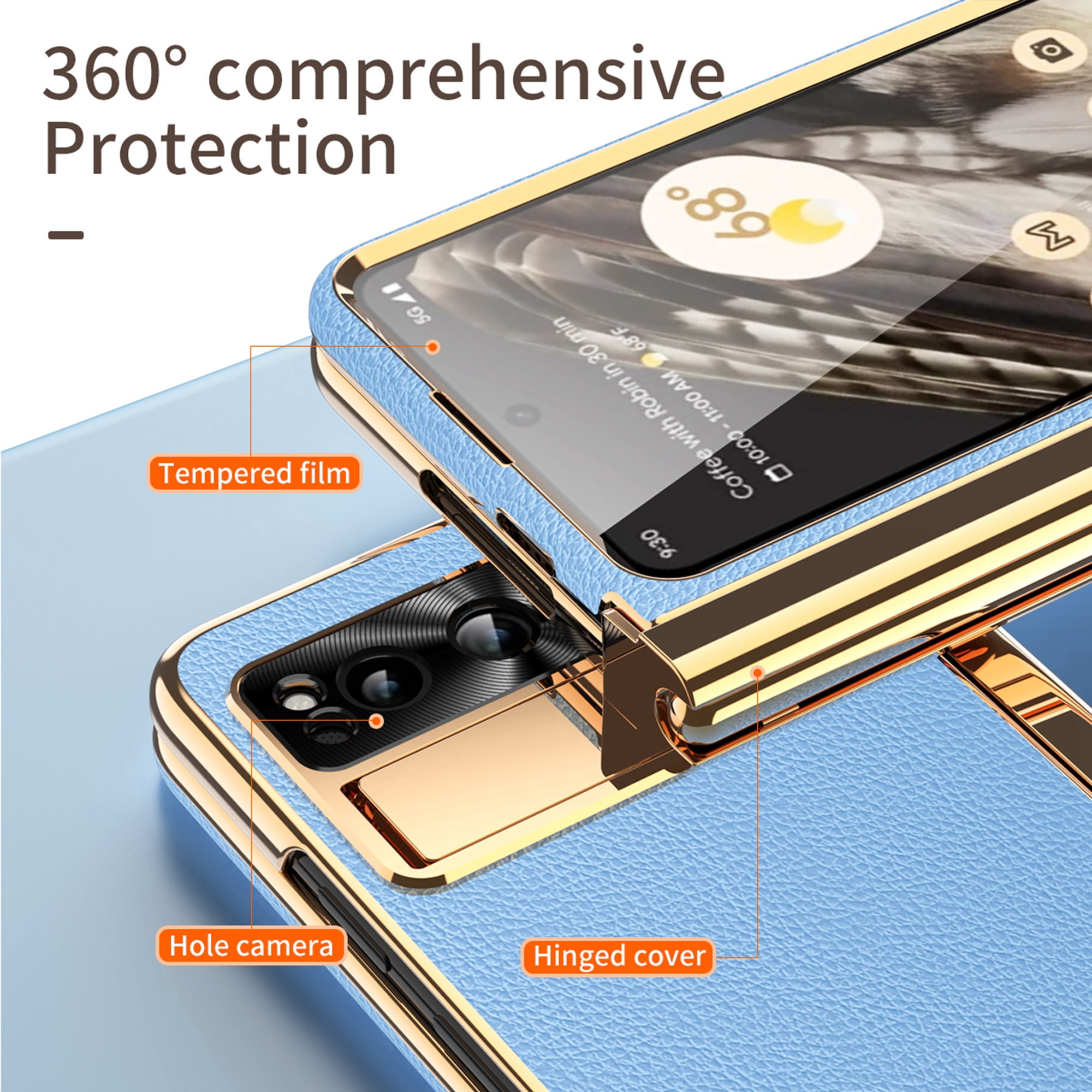Dteck for Google Pixel Fold Case with Built-in Tempered Glass Screen Protector, Full Body Hinge Protection Shockproof Case with Pen Slot for Pixel Fold, Blue