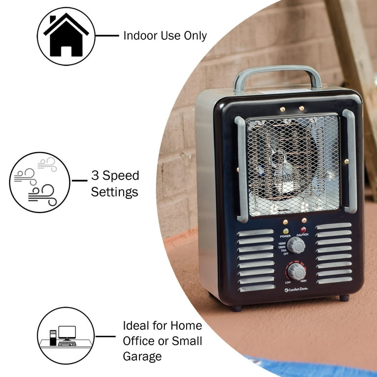 Comfort Zone 1,500-Watt Milkhouse Style Electric Portable Utility Heater  with Adjustable Thermostat, Overheat Protection, and Safety Tip-Over  Switch, Black - Walmart.com