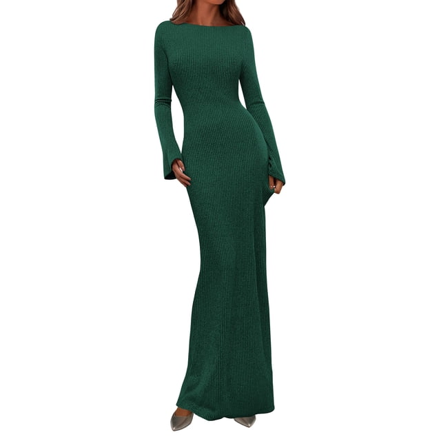 Vestido PRETTYGARDEN de Manga Larga Maxi de Punto Acanalado Verde Oscuro Talla M