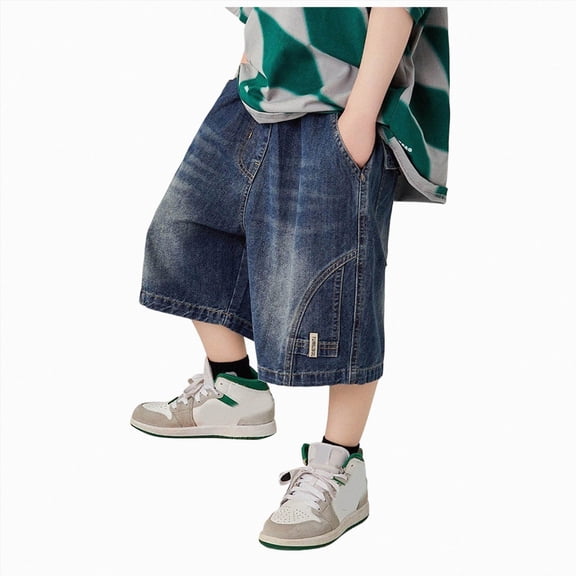 Leey-World Boys Shorts 5t Boys Baggy Jean Shorts Loose Fit Vintage Wide Leg Jorts Y2K Streetwear Casual Long Denim Shorts(9-10 Years,Blue)
