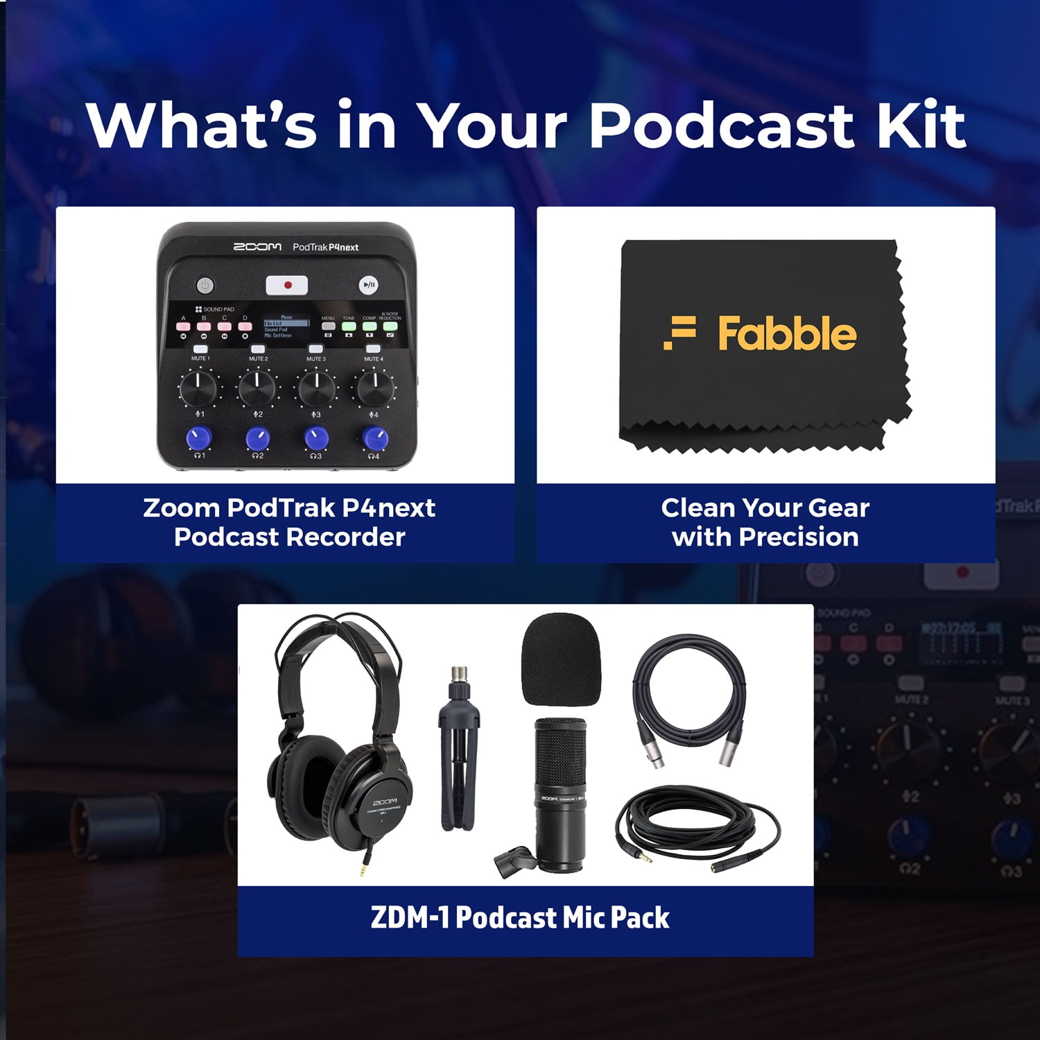 Zoom PodTrak P4next Portable Multitrack Podcast Recorder Bundle with Microphones, Headphones, Windscreens, Desktop Mic Stand, XLR Cables with a Premium Microfiber Cleaning Cloth