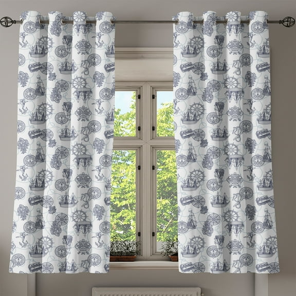 Ambesonne Compass Grommet Curtain, Sailing Boat Pattern, 50" x 54", Black Bluegrey White
