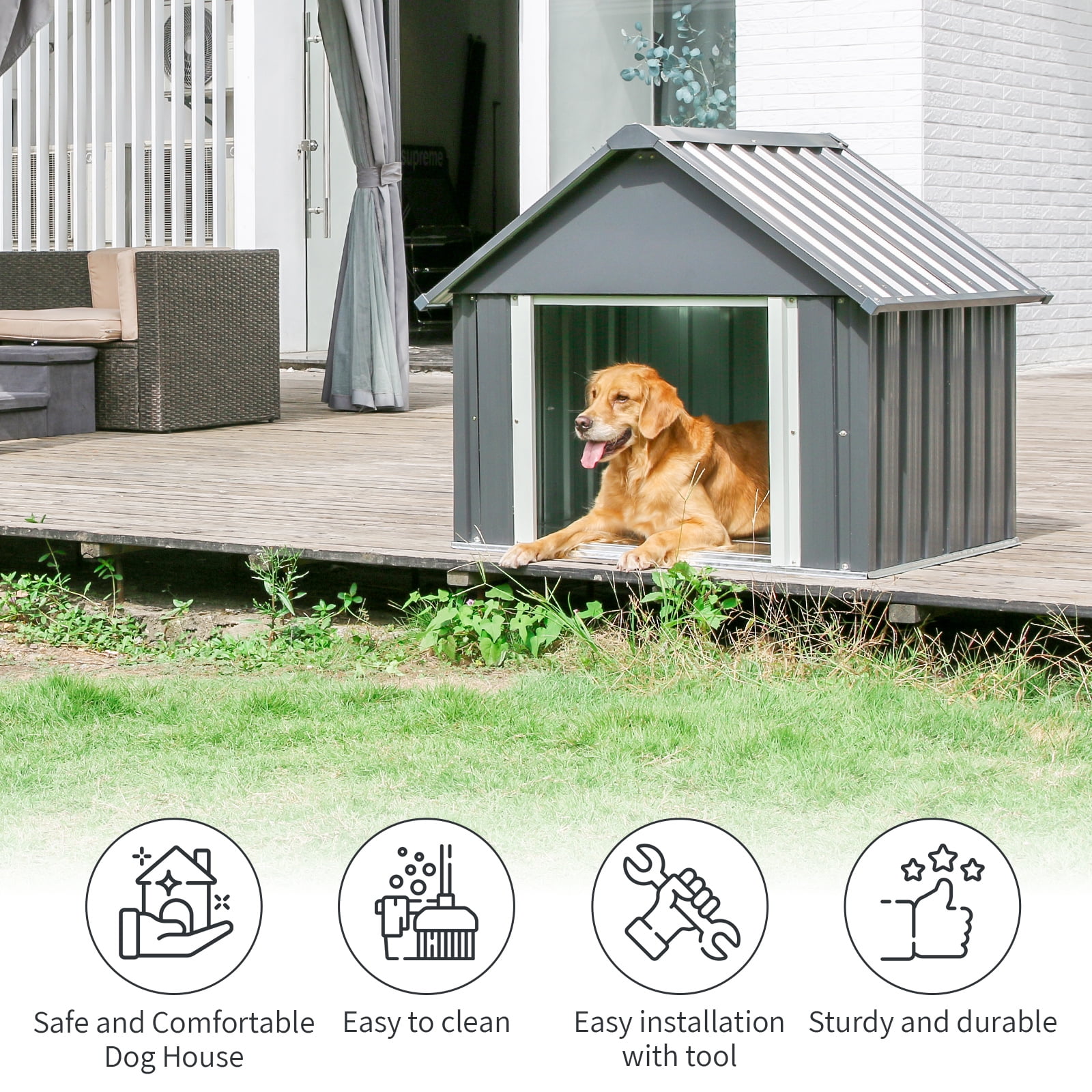 Durable Waterproof Metal Dog House for Small to Large Sized Dogs, Indoor Outdoor Insulated Doghouse