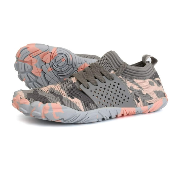 Joomra Women Barefoot Shoes Minimal Wide Cross Trainer for Ladies Runner Size 7.5-8 Athletic Hiking Trekking Toes Sneakers Workout Footwear Grey Pink 38