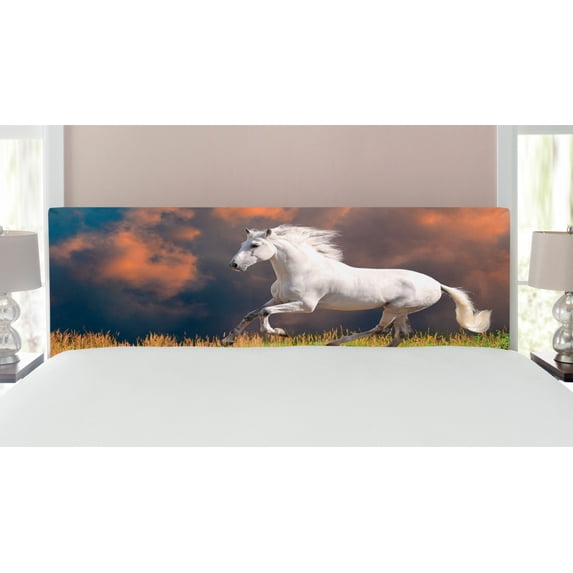 Horses Headboard, Andalusian Horse with a Majestic Dust Cloud Background Strong Desires Photo, Upholstered Decorative Metal Bed Headboard with Memory Foam, King Size, White Orange Green, by Ambesonne