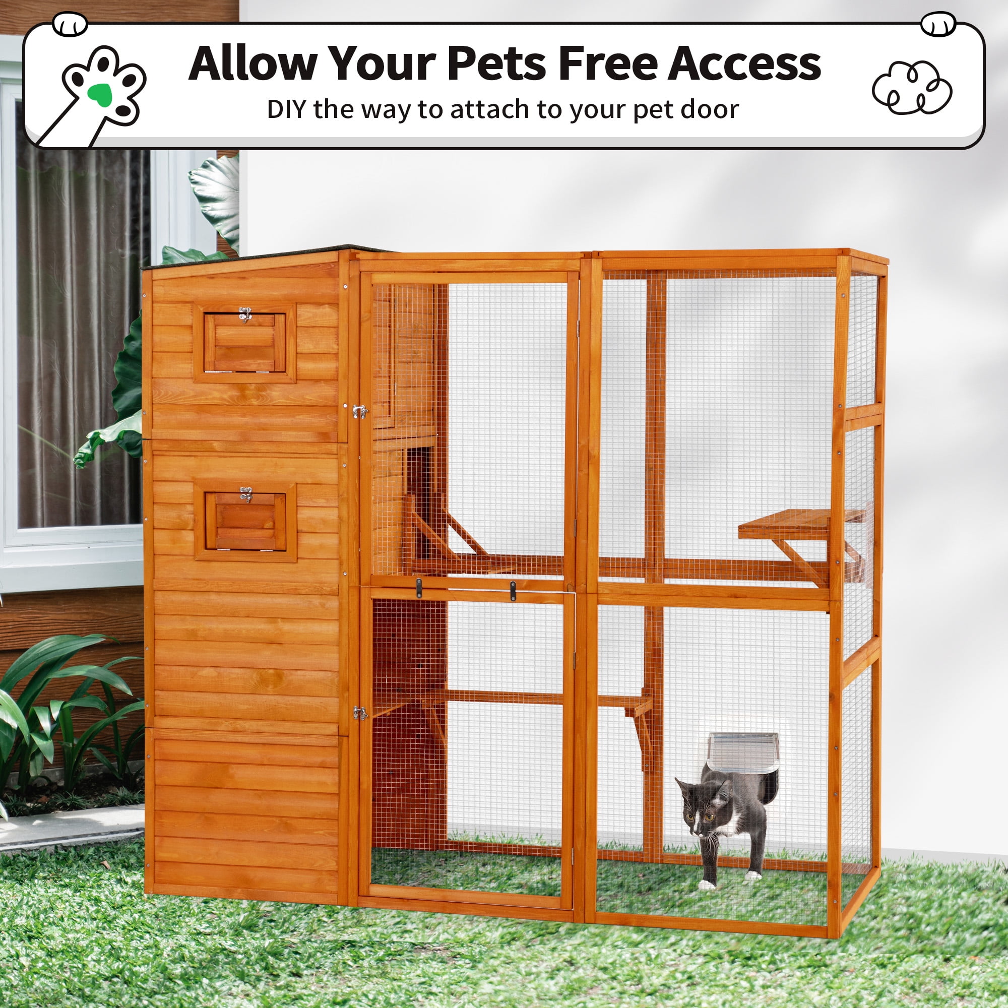 COZIWOW Wood  Cat House Catio Outdoor Enclosure, 2 Resting Condos, 2 Platforms, 4-Tier Cat Play Cage, Orange