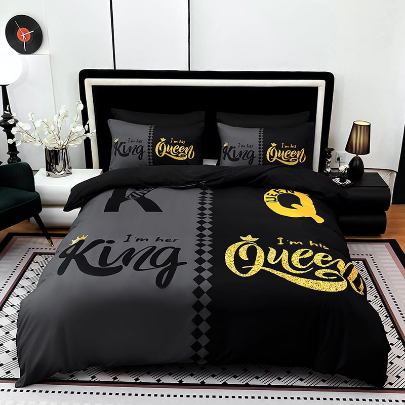 3PCS Duvet cover Set The soft (1 Duvet cover + 2 Pillowcases without Pillow covers), Features high-definition digital printing of crown and letter patterns in a stylish black and gray color scheme.
