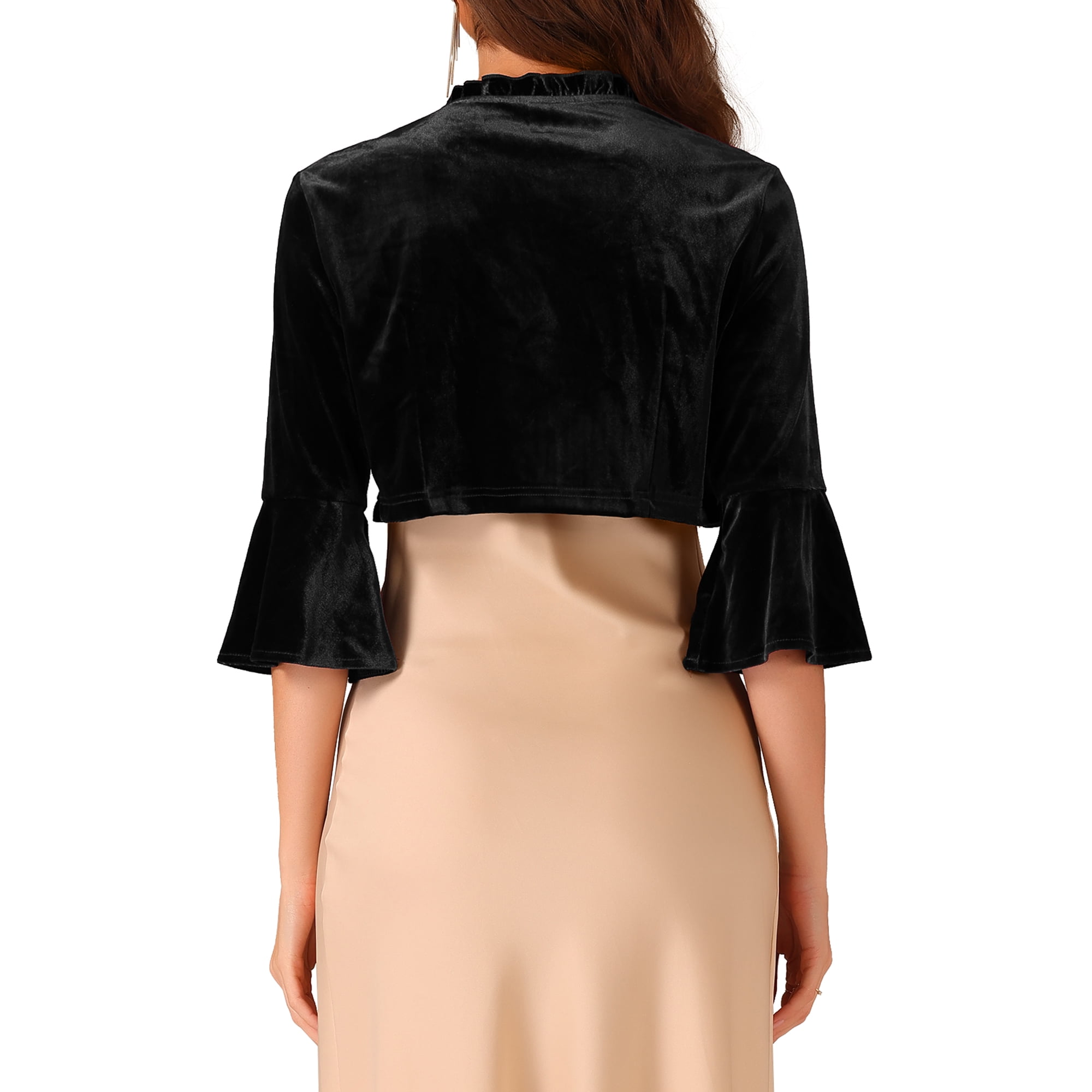 Unique Bargains Velvet Shrug Top for Women s 3 4 Sleeve Open Front Ruffled Cocktail Party Cropped Cardigan Black S Walmart
