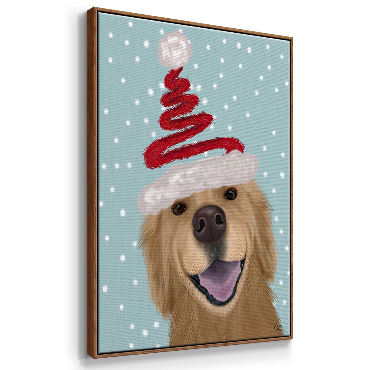Christmas Golden Retriever and Spring Santa Hat - Framed Gallery Wrapped Holiday Canvas - 25 x 37 - Rosewood Frame