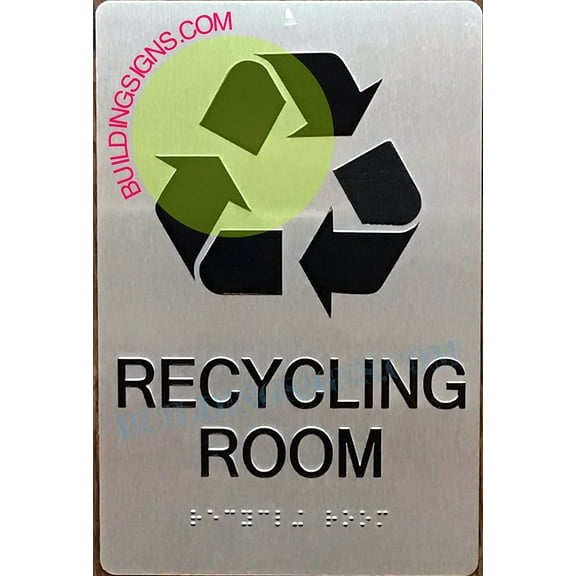 Recycling Room Sign -Braille Sign with Raised Tactile Graphics and Letters (Aluminum, Silver, Size 6x9)-The Sensation line