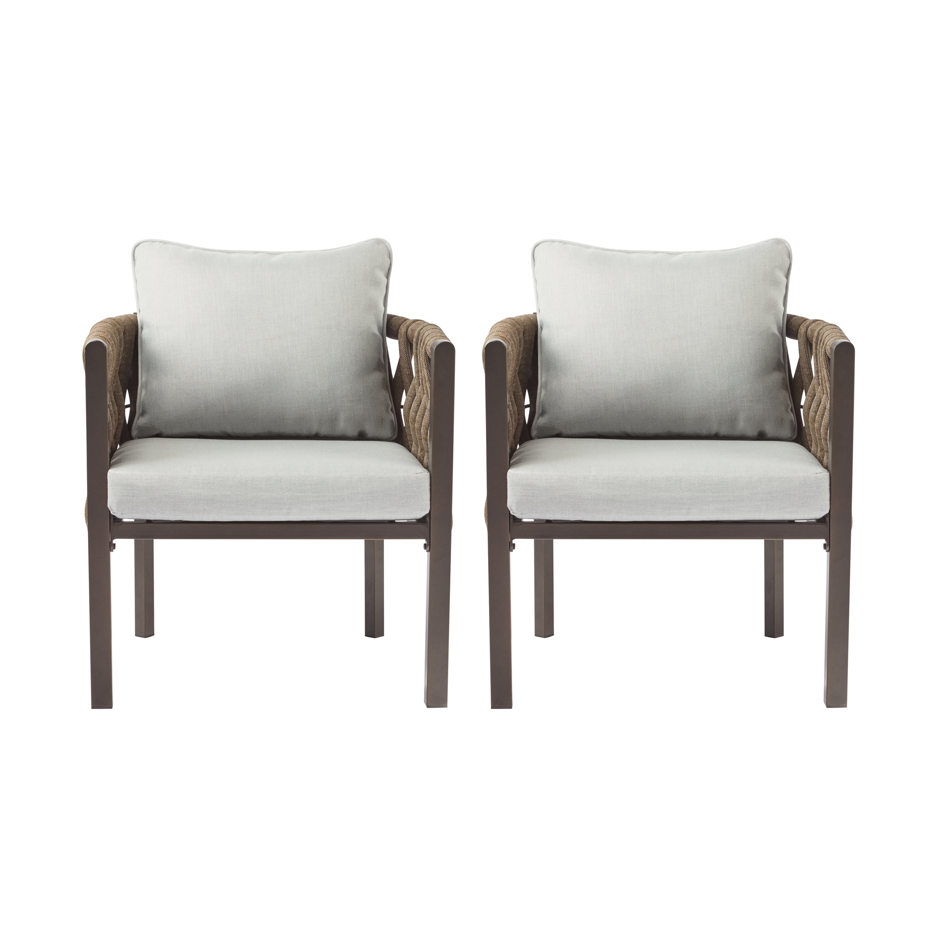 Outdoor Metal Patio Club Chair Set of 2, Patio Furniture Arm Chair with Cushion for Porch Garden, Brown and Light Grey