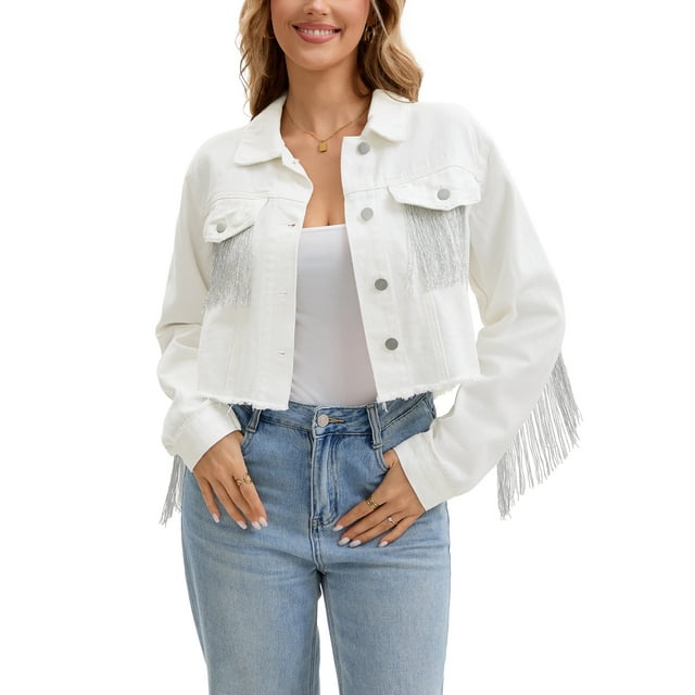 CHAQUETA DE JEAN CORTA PARA MUJER INSPIRADA CHIC CON MANGAS LARGAS, HEM FRUNCIDO Y DETALLES DE BORLAS EN DENIM M BLANCO