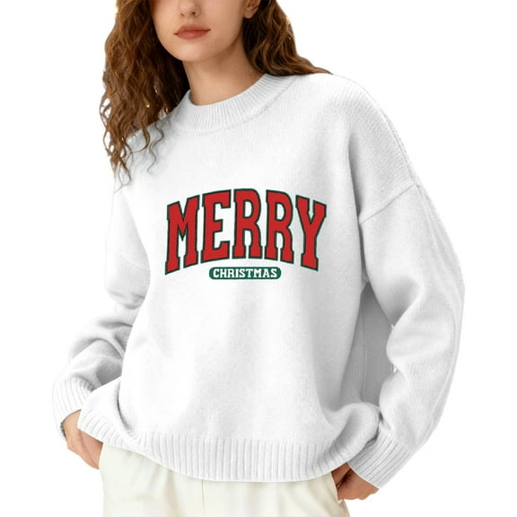 Fiaer Merry Christmas Sweaters for Women Thermal Trendy Oversized Warm Knitted Pullover Lined Crew Neck Long Sleeve Warm Xmas Tops White XL
