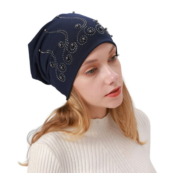 UDIYO Beanie Hat Double-layers Pearl Rhinestone Decor Baggy Slouchy Keep Warm Thin Spring Autumn Winter Women Skull Cap for Outdoor