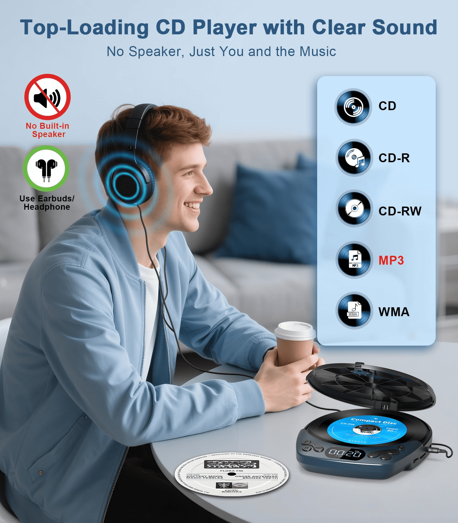 Greadio Portable CD Player with Headphones, Rechargeable Discman CD Player for Car & Home, Supports CD/MP3/WMA/TF Card/AUX, Backlit/Lock/Programmable/Timer
