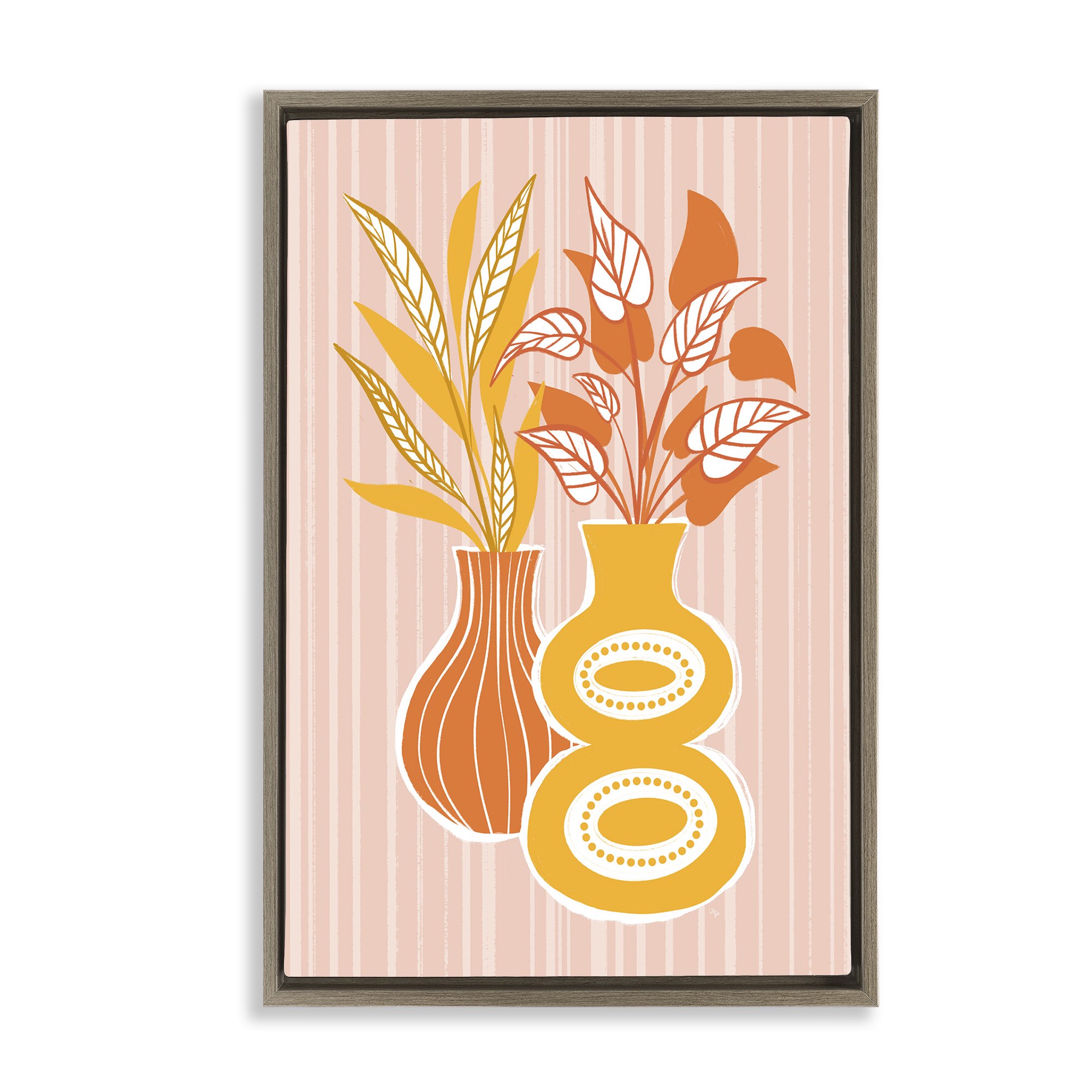 Stupell Industries Orange & Yellow Vases Floral Painting Brown Floater Framed Canvas Art Print Wall Art 21 x 31