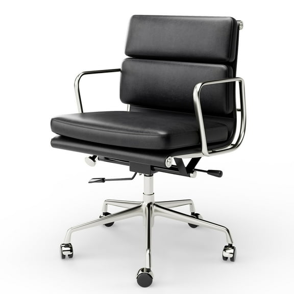 Tranqu Ergonomic Mid-Back Executive Office Chair, Top Grain Leather Desk Chair with Aluminum Alloy Frame, Plush Cushion & Lumbar Support, Swivel Chair for Home Office