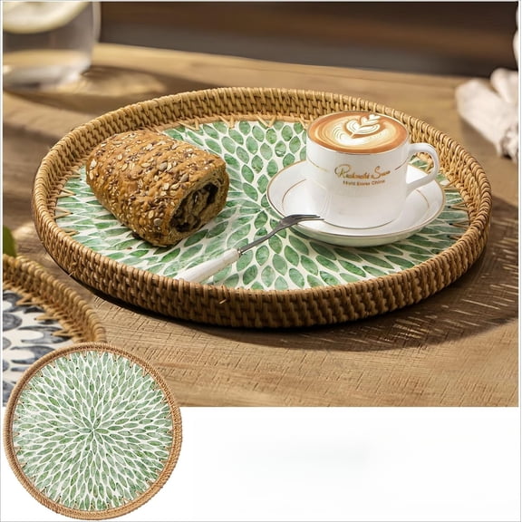 Round Rattan Tray with Mother of Pearl Inlay – Wooden Base Serving Tray, Decorative Wicker Basket for Table Decor, Storage and Display Bread, Food, Fruit