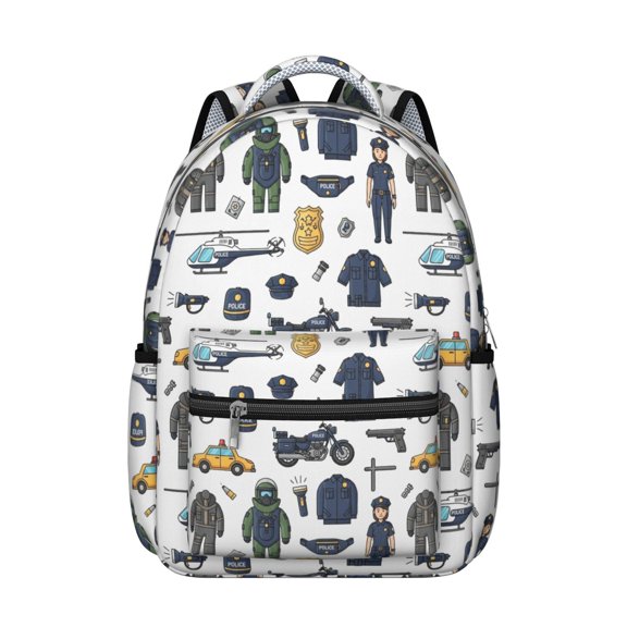 Police and Helicopter White Pattern Backpack for School, Cute School Bag with Adjustable Shoulder Straps and Padded Back, 15.3"x11"x7.1"