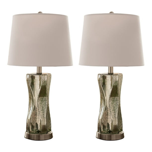 Moriah Table Lamp Set, Silver Green Glass Body & White Fabric Oval ...