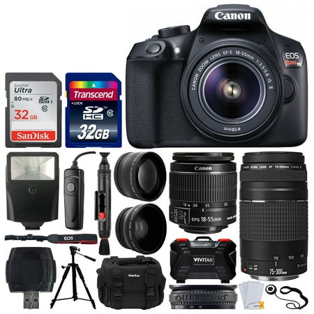 Canon EOS Rebel T6 Digital SLR Camera + EF-S 18-55mm f/3.5-5.6 IS II Lens + EF 75-300mm f/4-5.6 III Lens + DC59 Gadget Bag + 64GB Card + Wide Angle & Telephoto Lens + Remote – Accessory