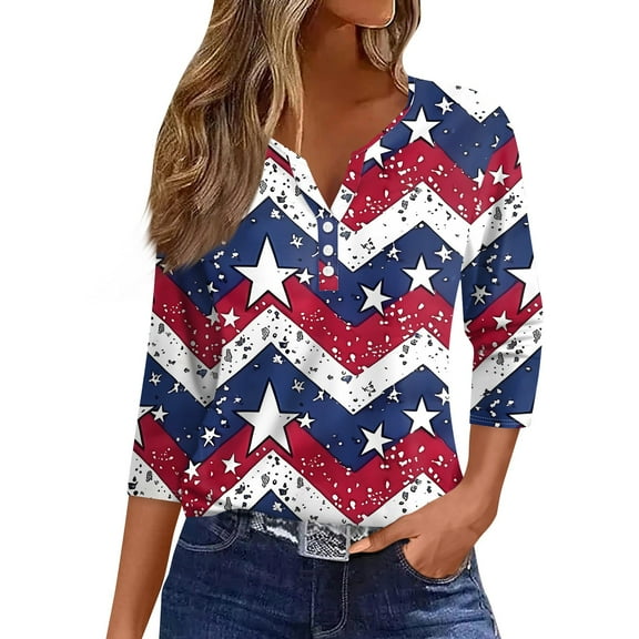 ASDFVBKG Patriotic 3/4 Sleeve Shirts for Women V Neck Graphic Tees Summer Festival Trendy Striped Stars Casual Loose Fit 4th Of July Blouses S