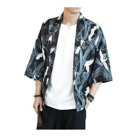 Panda Superstore  Crane Pattern Chinese Half Sleeve Kungfu Cloth Cotton & Linen Outerware Mens Shirt, A