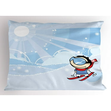 Kids Sports Pillow Sham Cute Boy Skiing on the Mountain with Snowflakes and Sunshine Nursery Playroom, Decorative Standard Size Printed Pillowcase, 26 X 20 Inches, Multicolor, by Ambesonne