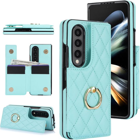 Phone Case for Samsung Galaxy Z Fold 4 5G 2022 Wallet Cell Cover with Slim Ring Stand Credit Card Holder Slot ZFold4 Z4 Fold4 4Z ZFold45G Girl Women Men Rose Gold