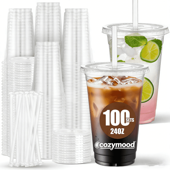 cozymood 100 Pack - 24 oz Clear Plastic Cups with Lids and Straws, Food Safe Iced Coffee Cups, Disposable Plastic Cups for Cold Drinks, Smoothies, Iced Coffee