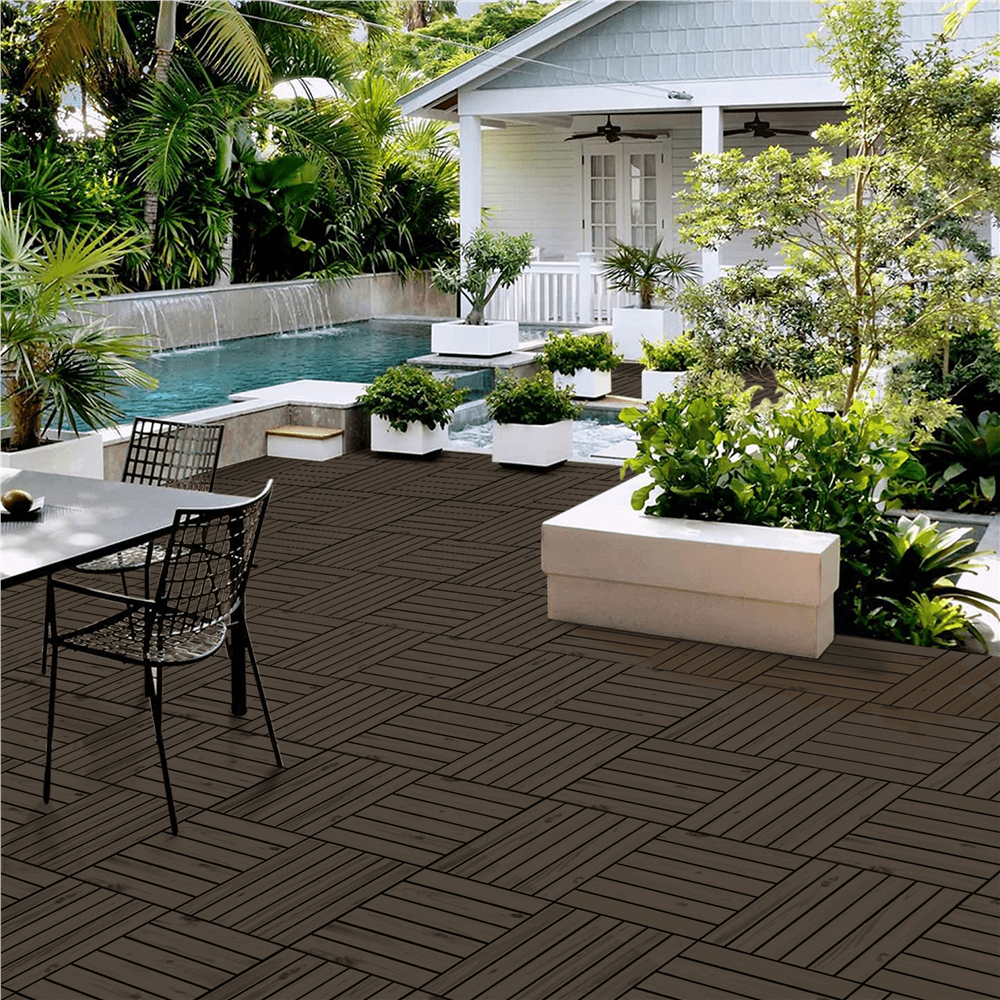 Renwick 12 × 12 in Pack of 27 Acacia Wood Interlocking Flooring Tiles for Outdoor & Indoor, Black