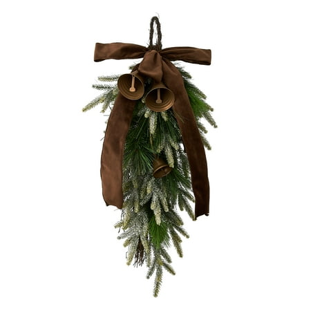Bells, Bow, and Greenery Decorative Christmas Door Swag, Green and Brown, 28", by Holiday Time