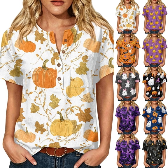 Halloween Shirts for Women Spider Candy Print Henley Funny Tops Bat Graphic Short Sleeve Casual Scary T-Shirt S