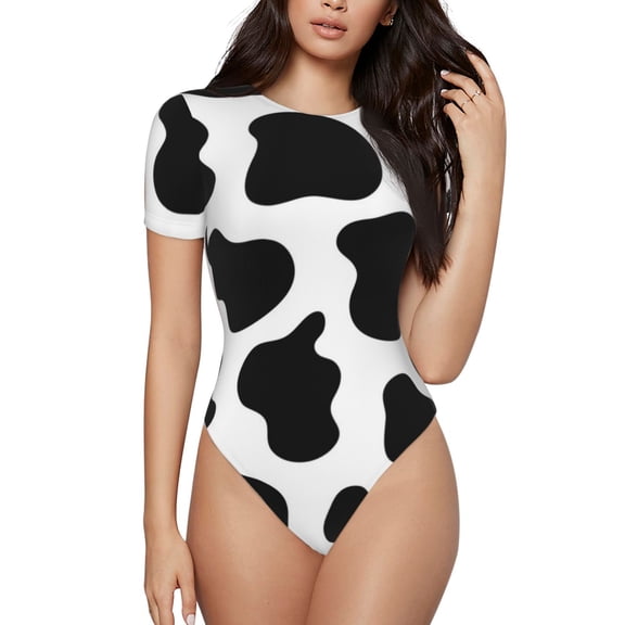 Women Bodysuits Short Sleeve Body Suits Basic Top Casual T Shirts, Black And White Cow Skin Print